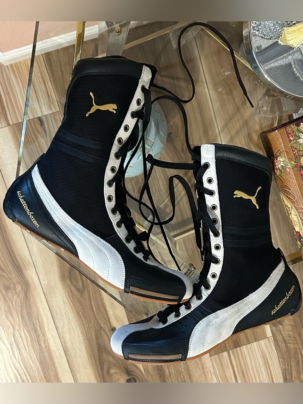 Vintage Puma Schattenboxen Boxing Boots Black and Cream High-Top Sneakers 11/12 - Picture 9 of 16